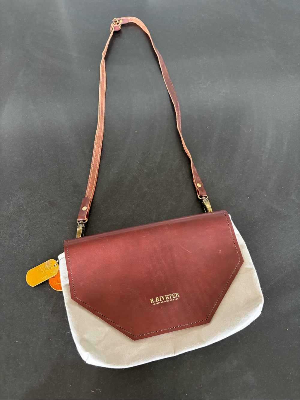 R. Riveter American Handmade Rich Brown Leather/Grey Canvas Crossbody Bag,